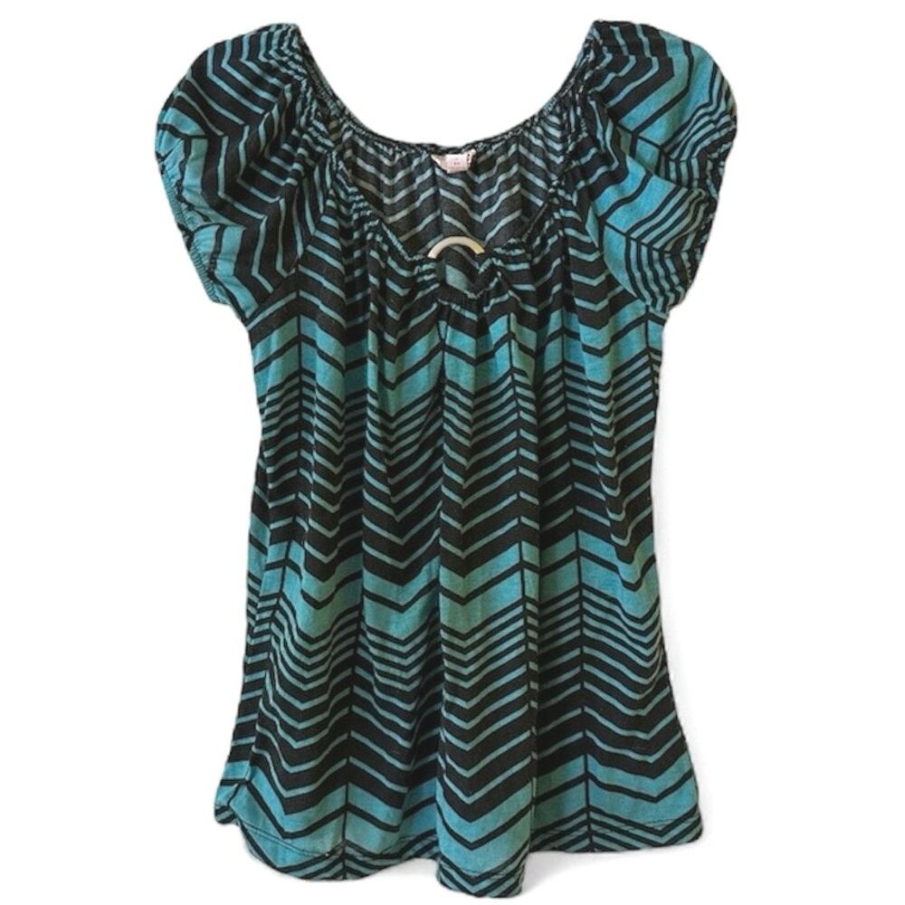 Y2K One Step Up Shirt Chevron Zigzag Keyhole Ring Top Blue & Black 1X / XL .